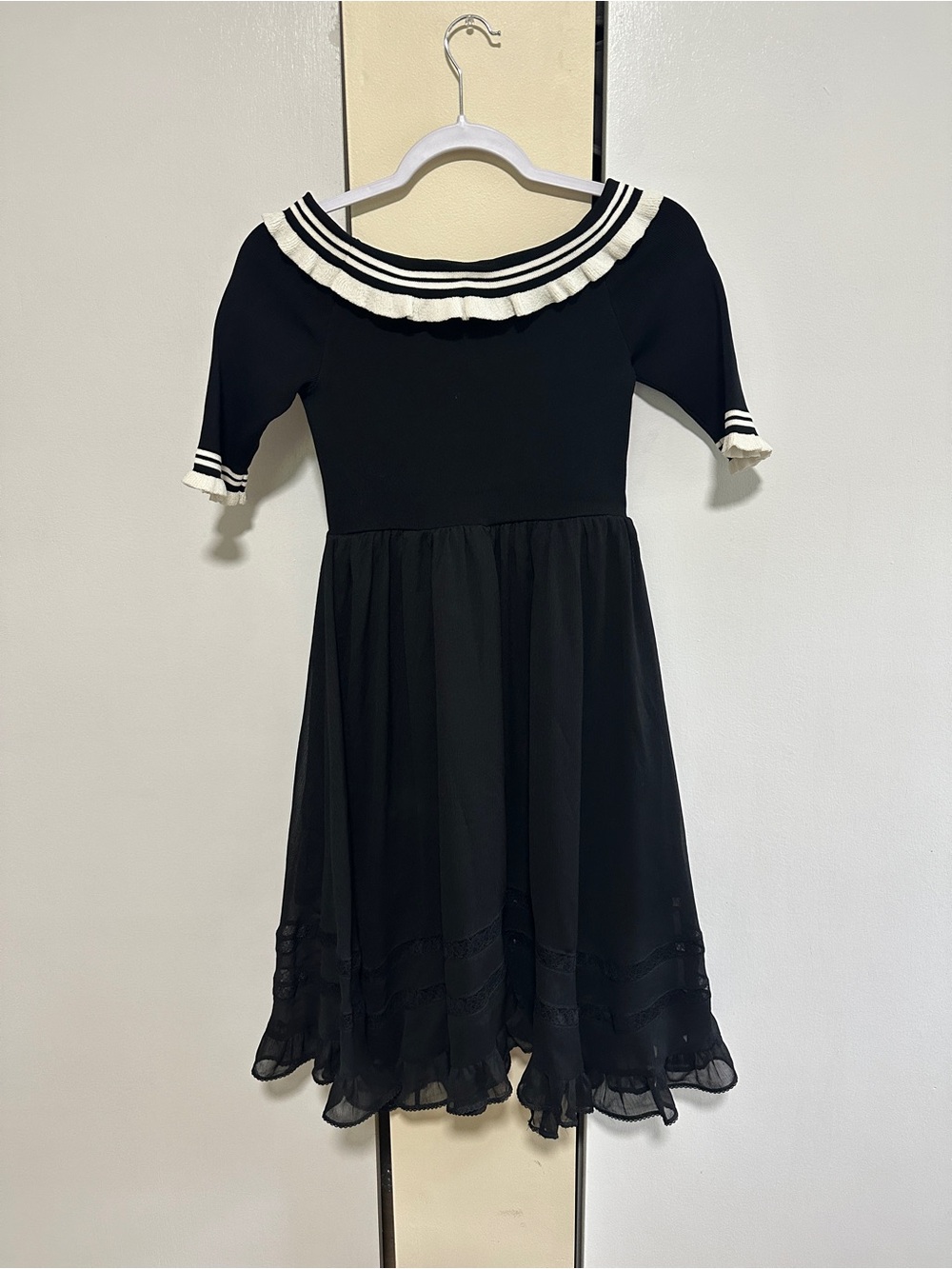 Only Black One-Shoulder Ruffle-Trim Dress with White Accents